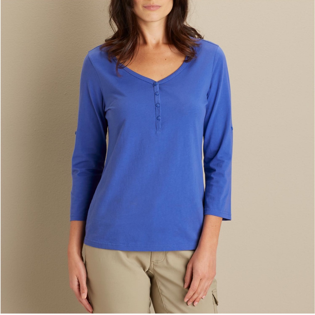 262 Duluth Trading Longtail 100% Cotton Blue 3/4 Sleeve Henley Top 2xl